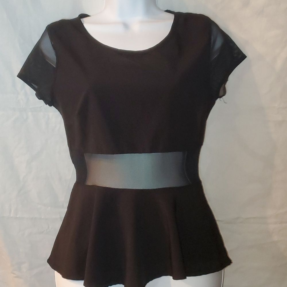 A'gaci Black Peplum Top - Sheer Mesh Sleeves & Illusion Midriff - Size Small